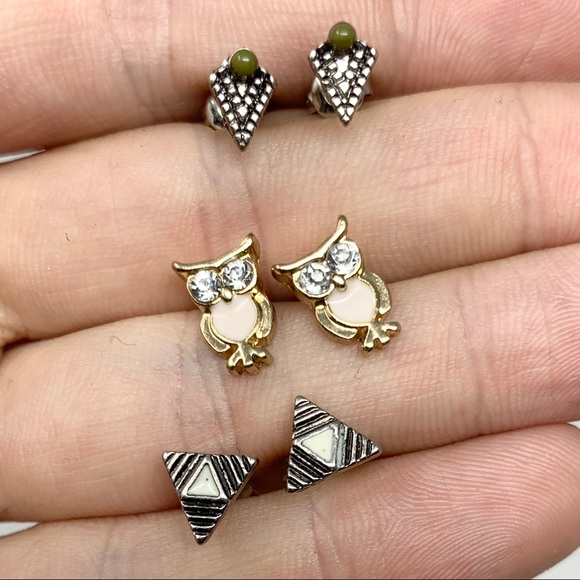 Jewelry - 3 Pairs of Stud Earrings Owl / Triangle
